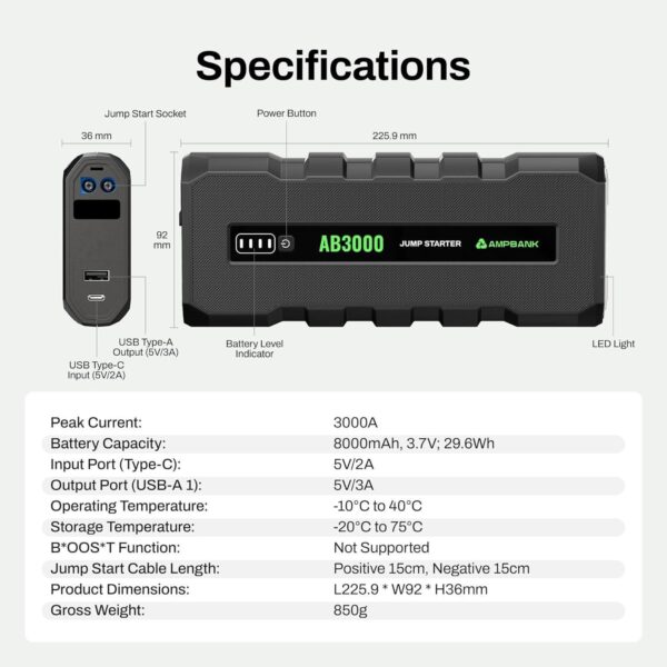 3000A Car Emergency Starting Power Supply 12V Portable Battery Starter Suitable For 6.0L Gasoline And 4.0L Diesel Engines